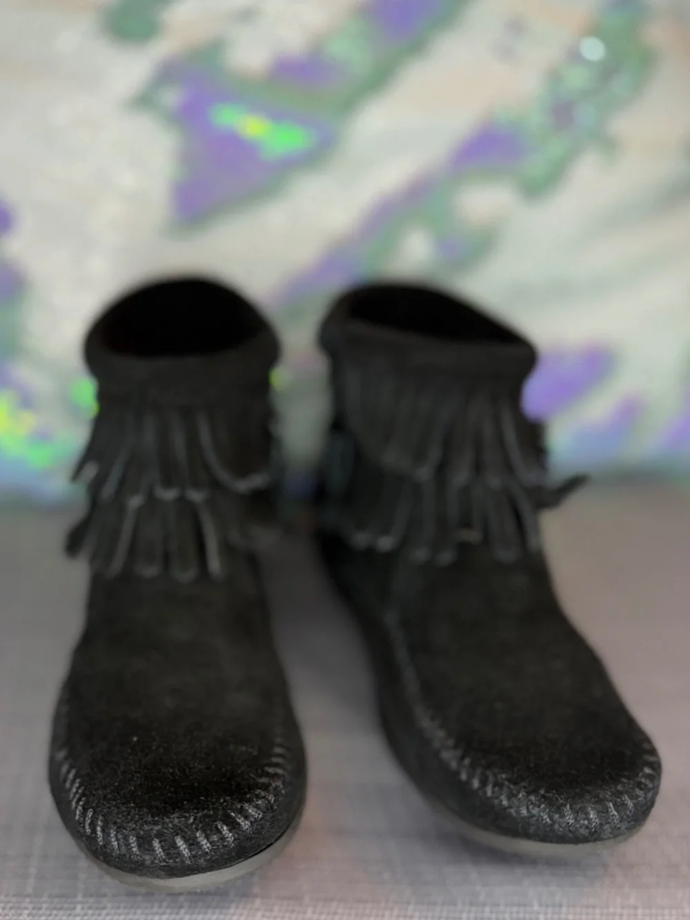 Minnetonka Black Double Fringe Side Zip Boot (Little Girls Size 13)